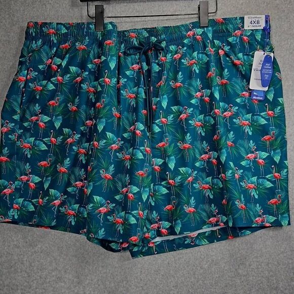 Caribbean 4XB Swim Trunks Blue Flamingo Palm Tree Boxer Brief Liner 6" NEW - Picture 1 of 9